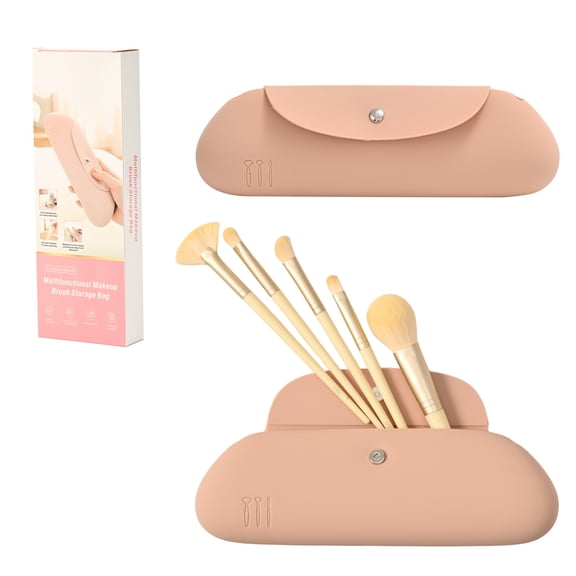 Silicone Makeup Brush Holder, Portable Travel Cosmetic Bag with Magnetic Closure, Anti-Drop Soft Waterproof Case for Daily & Trip, Khaki