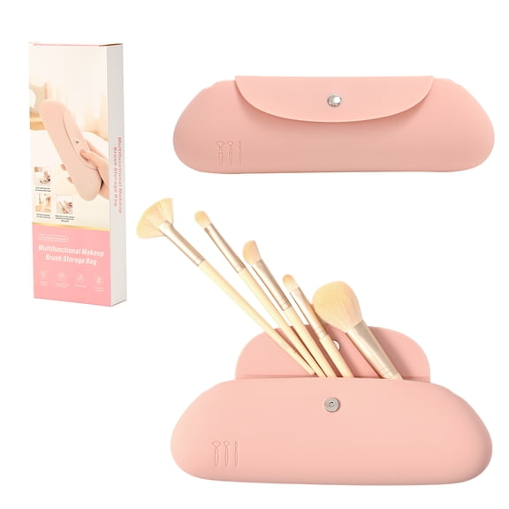 Silicone Makeup Brush Holder, Portable Travel Cosmetic Bag with Magnetic Closure, Anti-Drop Soft Waterproof Case for Daily & Trip, Khaki