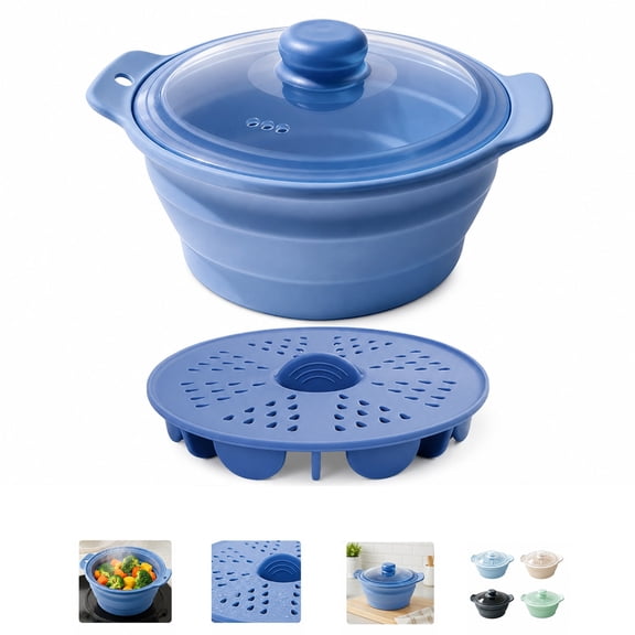 Silicone Microwave Food Steamer with Steam Basket, Collapsible BPA-Free Small Steamer Pot with Handle and Lid for Vegetables, Seafood, Dumplings and Rice, Dishwasher Safe