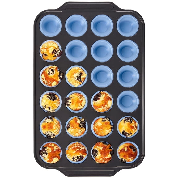 Silicone Mini Muffin Pan With Metal Frame  Egg Bite Molds For Baking Cupcake 24 Regular Size Tin Easy To Pop Nonstick Non Bakeware Oven Blue