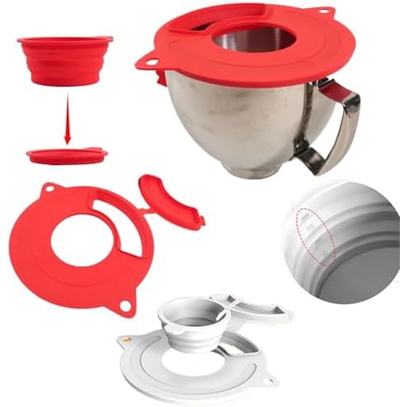 Silicone Mixer Bowl Lid Cover for KitchenAid 4.5-5QT Tilt-Head Stand Mixers, Food-Grade Splash-Proof Bowl Cover with Collapsible Measuring Cup（200ml）,Dishwasher Safe (Red（Bowl Cover+Measuring Cup）)
