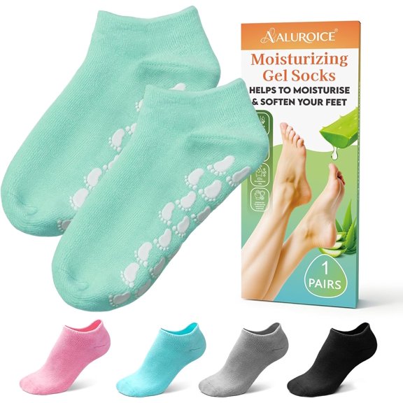 Silicone Moisturizing Socks for Women Large- 1Pairs Foot Moisturizer Socks for Dry Cracked Feet- Cyan Aloe Spa Moisture Hydrating Foot Care Socks (L Up to Size 12)