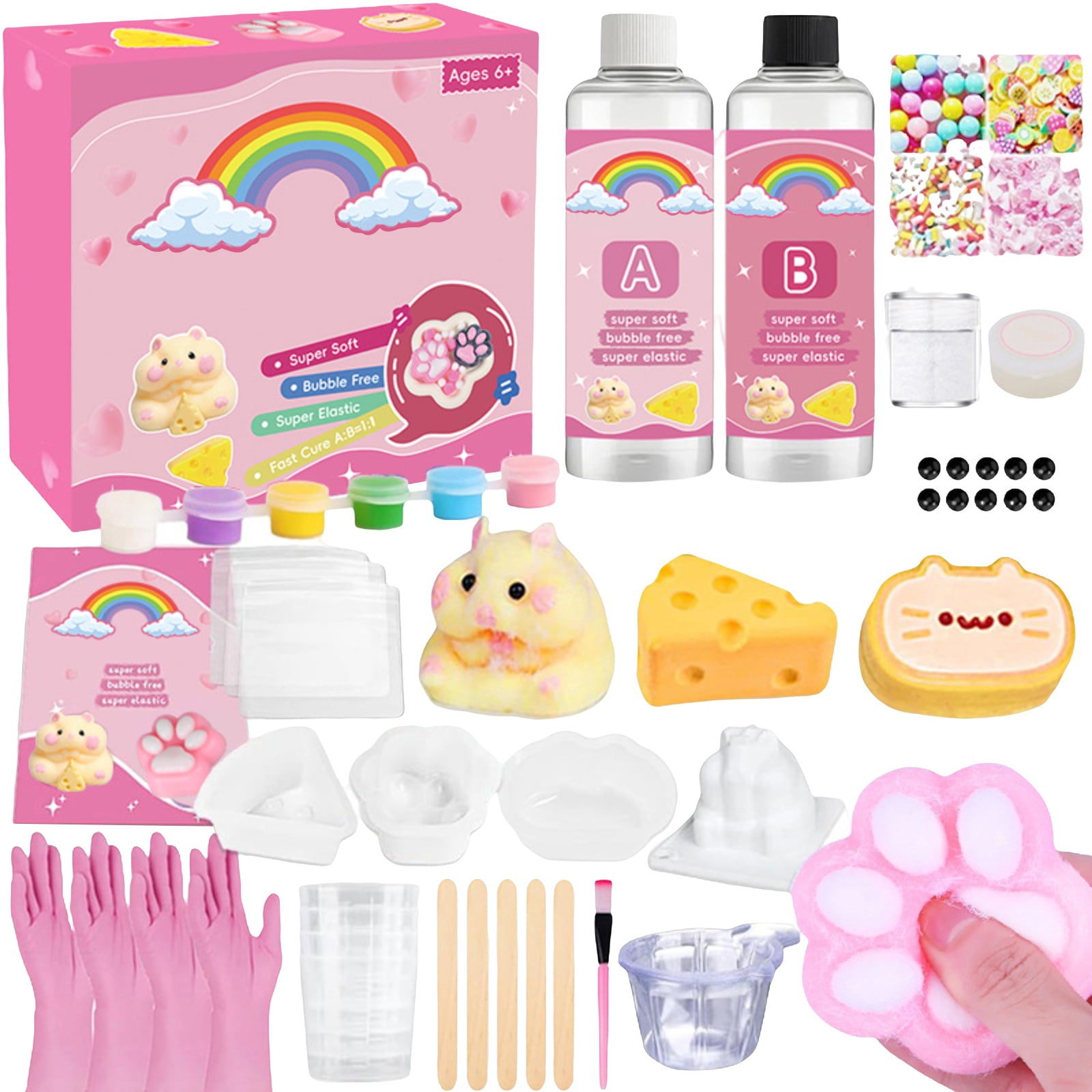Silicone Mold Making Kit, 8.8Oz 1:1 Silicone, Squeeze Making Kit, Kids Craft Supplies, Art Supplies for Student 6-8, Cat Paw Squeeze, Hamster Squeeze, Gloves for Student, 3 Mold,