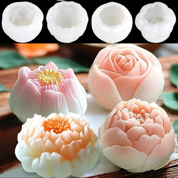 Silicone Molds (4 Pack) DIY Rose & Lotus Flower & Peony Candle Molds for Cake Decorations, Jelly, Chocolate & Soap Making
