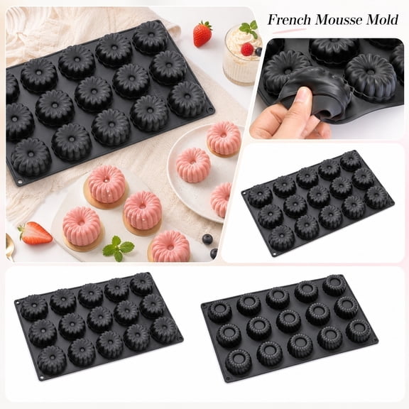 Silicone Molds for Baking 15 Cavity Mini Bundt Cake Pan, Nonstick Silicone Baking Molds, Grade Silicone Bakeware for Cake, Chocolate and Candy Making, Black 1 Pack