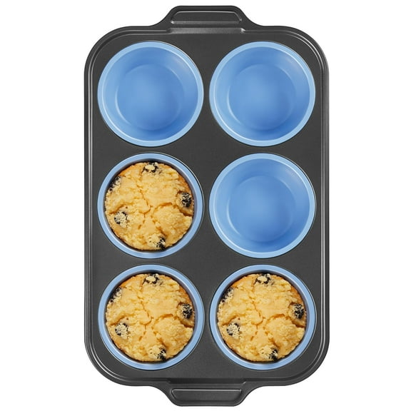 HONGBAKE Jumbo Silicone Muffin Pan with Metal Frame, 3.5" Large Muffin Tins, Non-Toxic Food Grade Silicone, Non-Stick for Egg Bites & Big Cupcakes, Oven Safe, Blue