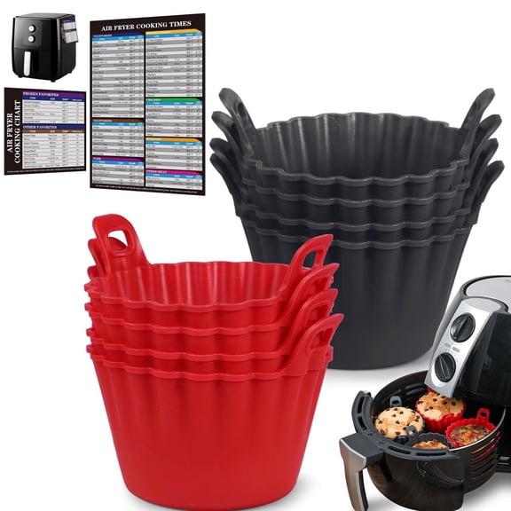 Silicone Muffin Cups for Air Fryer with Handles & Magnetic Cooking Times Chart Set, Baking Cups with Easy-grip Handles