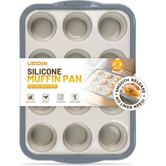 Silicone Muffin Pan, 12 Cups Non-Stick Cupcake Pan, BPA-Free Muffin Tin, Oven-Safe 450 °F, Reinforced Steel Frame, Easy-Grab Handles, Quick-Release Baking Molds for Standard & Mini Treats(Gray)