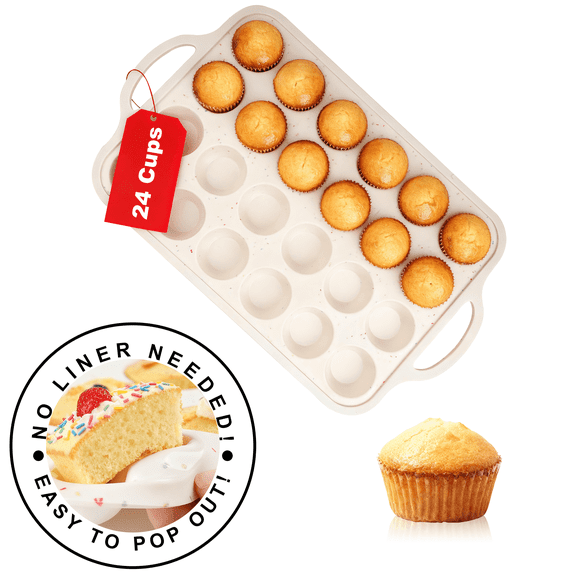 Silicone Muffin Pan with Metal Frame 1.8 inch Regular Size, 24 Cups Non Stick Mini Cupcake Pan for Baking Muffin, Cupcake, Dishwasher Safe, Easy Clean Muffin Mold,Beige