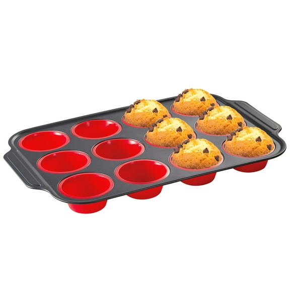 HONGBAKE Silicone Muffin Pan with Metal Frame, Silicone Cupcake Molds 12 Regular Size, Muffin Tin Easy to Pop, Nonstick Egg Bite Molds for Baking, Non Toxic Muffin Tray, Red