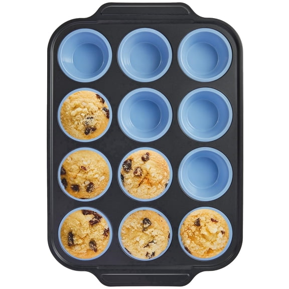 HONGBAKE Silicone Muffin Pan with Metal Frame, 12 Cup Muffin Tin for Cupcakes & Egg Bites, Nonstick Non-Toxic Bakeware, Blue