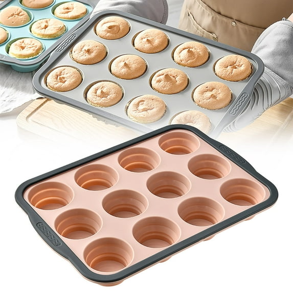 Silicone Muffin Pan With Metal Reinforced Frame 6 Cup And 12 Cup Regular Size Cupcake Baking Pan Non Stick Oven Safe Muffin Tray Available In Gray Blue And Red Colors For Home Baking