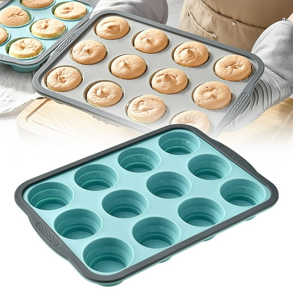 Silicone Muffin Pan With Metal Reinforced Frame 6 Cup And 12 Cup Regular Size Cupcake Baking Pan Non Stick Oven Safe Muffin Tray Available In Gray Blue And Red Colors For Home Baking