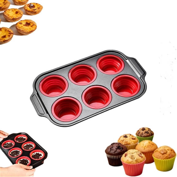Silicone Muffin Pan with Push-to-Release - 6 Cup Non-Stick Baking Mold for Muffins, Cupcakes, Egg Bites, Breads, Easy Pop Out (Red)      P