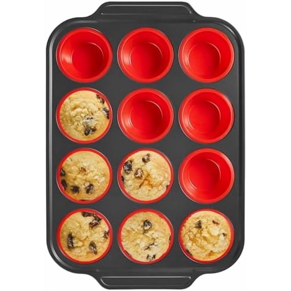 Silicone Muffin Pans for Baking with Metal Frame, Egg Bite Molds, Cupcake Pans 12 Regular Size, Muffin Tins Easy to Pop Nonstick Non Toxic Bakeware for Oven, Red