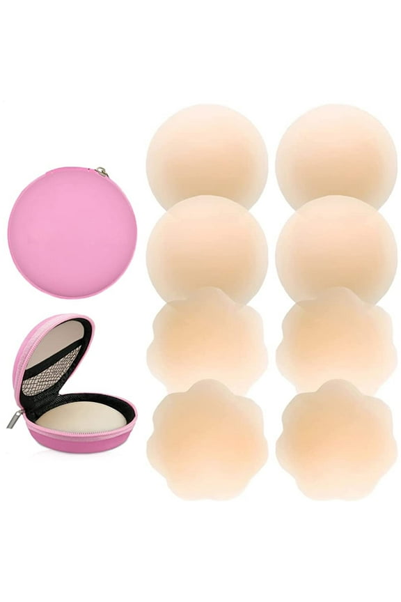 Silicone Nipple Covers Reusable, 4 Pairs Pasties Women Nipple Covers Reusable Adhesive Silicone Nippleless Covers with Case (2 Round+2 Flower)