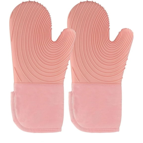 HEETLY 13.6-Inch Extra Long Waterproof Silicone Oven Mitts, 1-Pair Set, 500°F Heat Resistant, Pink