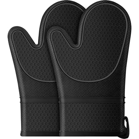 Silicone Oven Mitts, 500? Heat Resistant Oven Mitts with Soft Cotton Lining and Non-Slip Grip, 1 Pair 12 Inch Extended Black Oven Mitt, Waterproof Kitchen Oven Mitt for BBQ, Baking, Cooking
