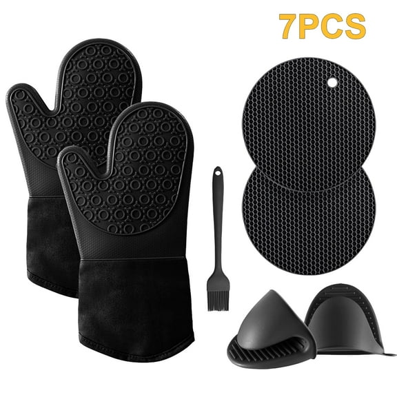 WOORNIGOJIN Silicone Oven Mitts 7pcs Set, Heat Resistant Black Mitts with Mini Gloves and Pot Holder for Baking Cooking