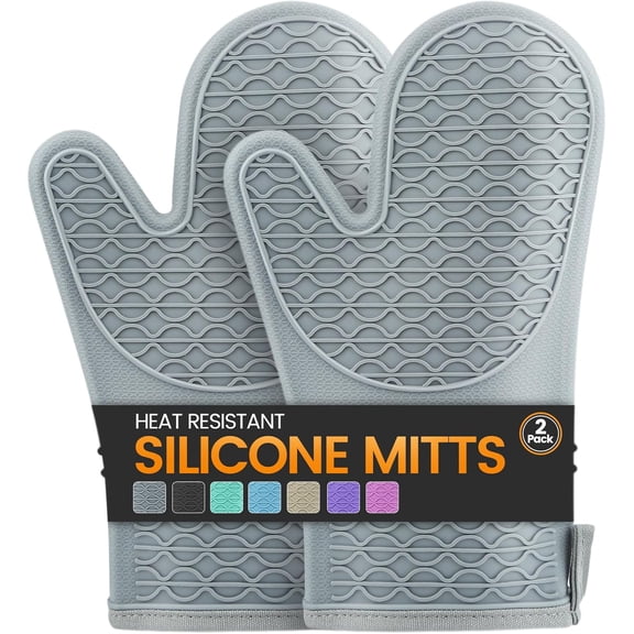 Silicone Oven Mitts, Heat Resistant 2PCS Mitts with Soft Cotton Lining, Waterproof Non-Slip Grip Glove, Kitchen Potholder Mits for BBQ, Baking, Cooking, 12.5 Inch - Grey