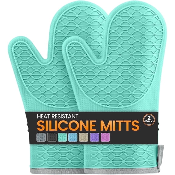 HEETLY 12.5-Inch Extra Long Waterproof Silicone Oven Mitts, 1-Pair Set, Heat Resistant with Cotton Lining, Green