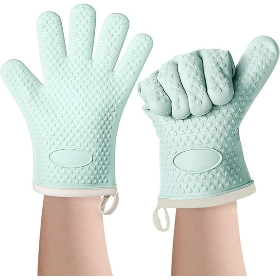 Silicone Oven Mitts Heat Resistant 450 Degrees, Non-Slip Oven Gloves with Fingers, Cotton Silicone Oven Gloves