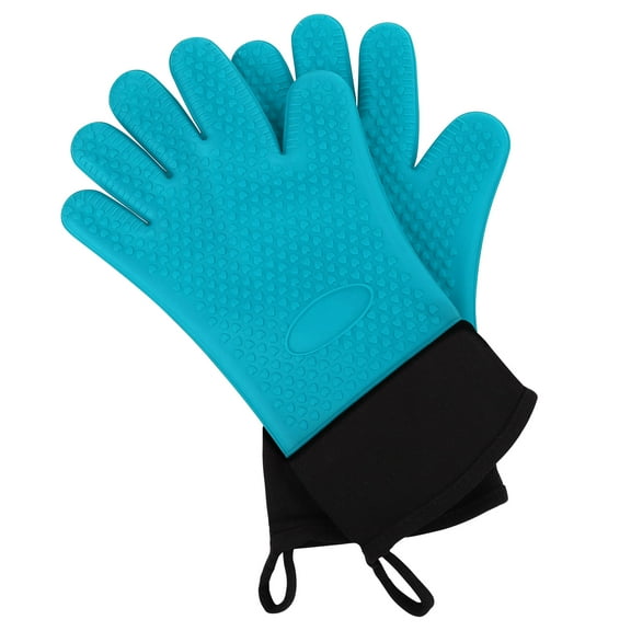 Unique Bargains Silicone Oven Mitts Heat Resistant Gloves Kitchen BBQ Grill Gloves 1 Pair Blue