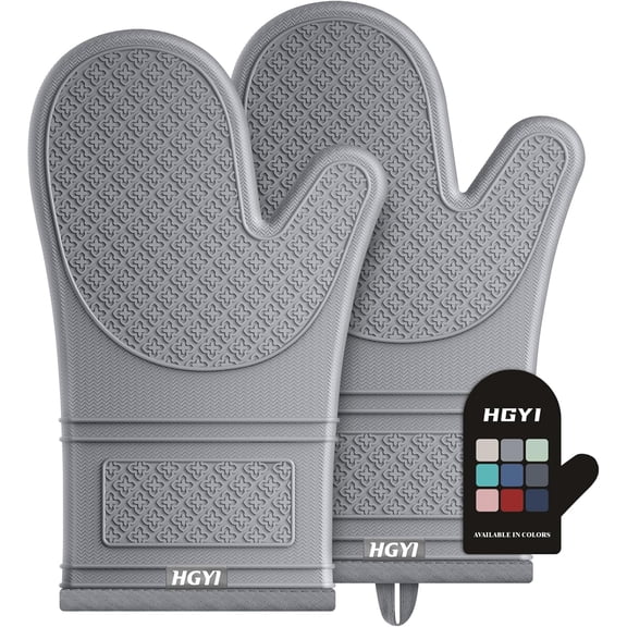 Silicone Oven Mitts, Heat Resistant Gloves with Quilted Liner, Waterproof & Non-Slip Kitchen Mittens for Baking Cooking BBQ, 500F, 12.5"-Light Gray