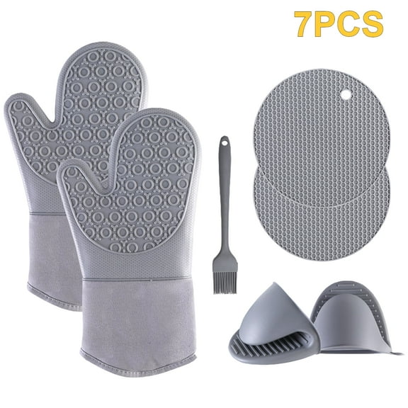 WOORNIGOJIN Silicone Oven Mitts Set- Heat Resistant Washable Gray Gloves with Soft Quilted Lining for Cooking and BBQ