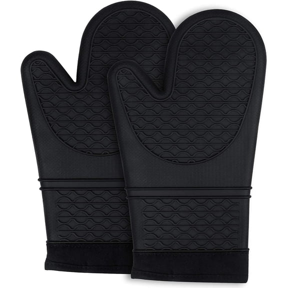 SwFoer Silicone Oven Mitts Heat Resistant Oven Gloves to 446 Non-Slip with Quilted Liner Mitts for Cooking Baking and BBQ, Black
