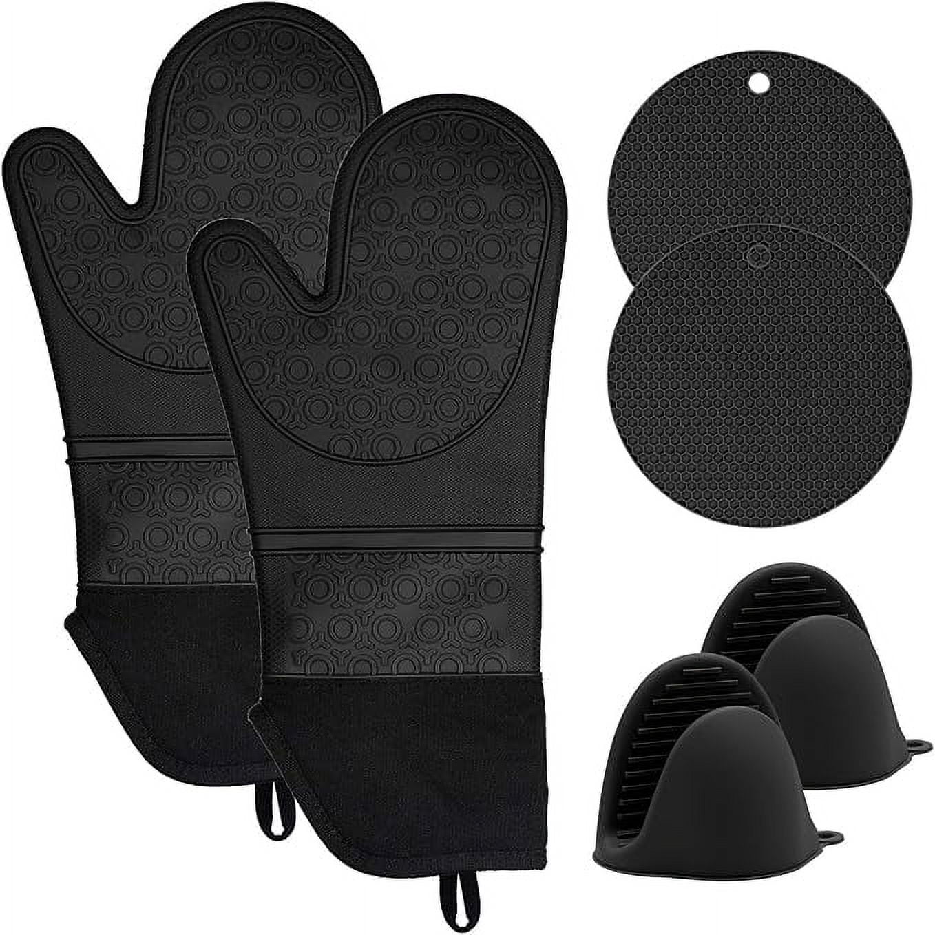 Silicone Oven Mitts and Pot Holders Set, Heat Resistant to 450℉, Extra Long 15 Inch Professional Silicone Oven Mitts, 6 Piece Set with 2 Hot Pads, for Grilling Cooking Baking (Black)