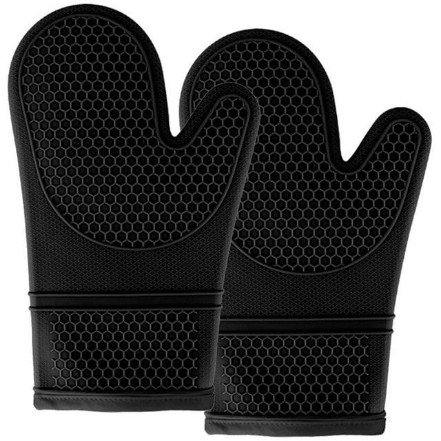 Silicone Oven Mitts Set Black Oven Mitts Heat Resistant 500F Grippy Design, Soft Lining