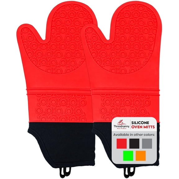 Silicone Oven Mitts Set - Extra Long Heat Resistant Oven Gloves with Cotton Padding, Kitchen Mittens for Cooking, Baking, Grilling, Pair of Durable Non-Slip Mits Waterproof