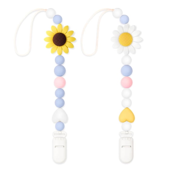 Silicone Pacifier Clip, 2 Pack Pacifier Holder for Boys and Girls, Adorable Sunflower Pacifier Clips Fits for Most Pacifier, Baby Teethers, Baby Shower and Baby Gift(White&Yellow)