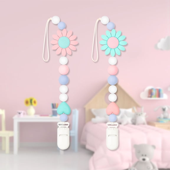 Silicone Pacifier Clip, 2 Pack Pacifier Holder for Boys and Girls, Adorable Sunflower Pacifier Clips Fits for Most Pacifier, Baby Teethers, Baby Shower and Baby Gift