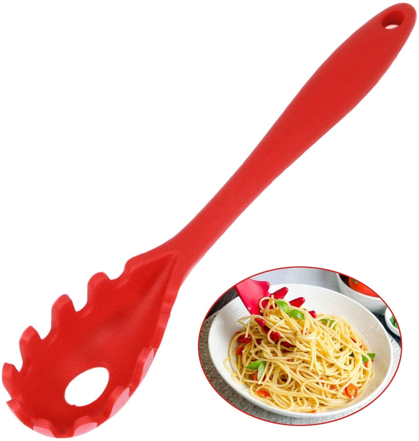 Stainless Steel Pasta Spoon,Spaghetti Spoon with Heat Resistant Wooden  Handle,Spaghetti Server for Kitchen,Stainless Steel Pasta  Fork,Silver/14.2Inch