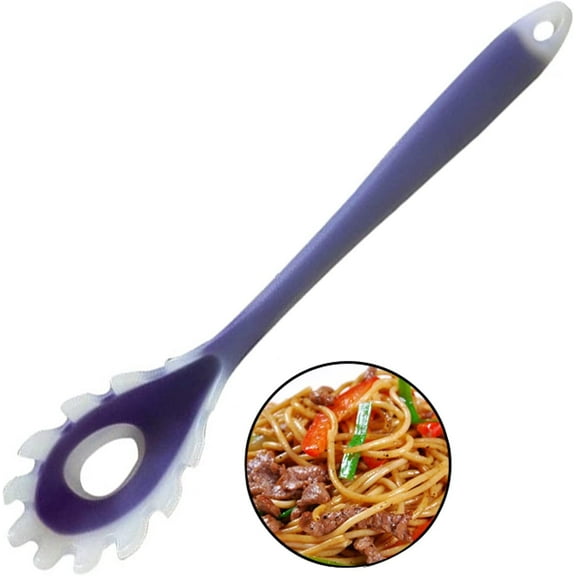 Silicone Pasta Fork,11Inch Spaghetti Spoon Pasta Fork,High Heat Resistant to 480F, Hygienic One Piece Design, Spaghetti Strainer & Server Spoon Ideal for cooking (Clear Purple)