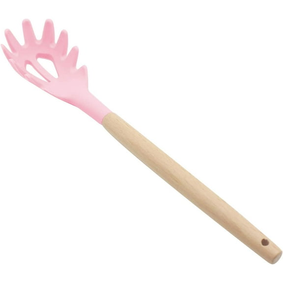 Silicone Pasta Fork, Food Grade Noodle Spoon with Natural Wooden Handle, BPA Free, Spaghetti Strainer & Server Spoon (12 inch, Pink)