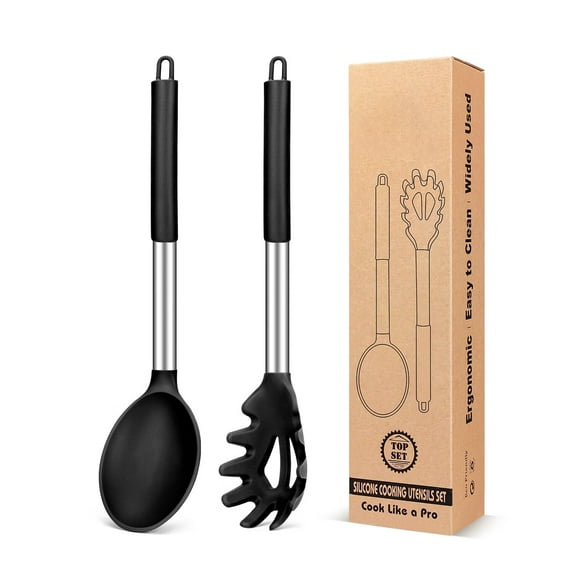 Silicone Pasta Fork and Cooking Spoon Set, Non Stick Kitchen Utensils for Cooking,Stirring,Serving Spaghetti, Soup, Sauce(BLACK)