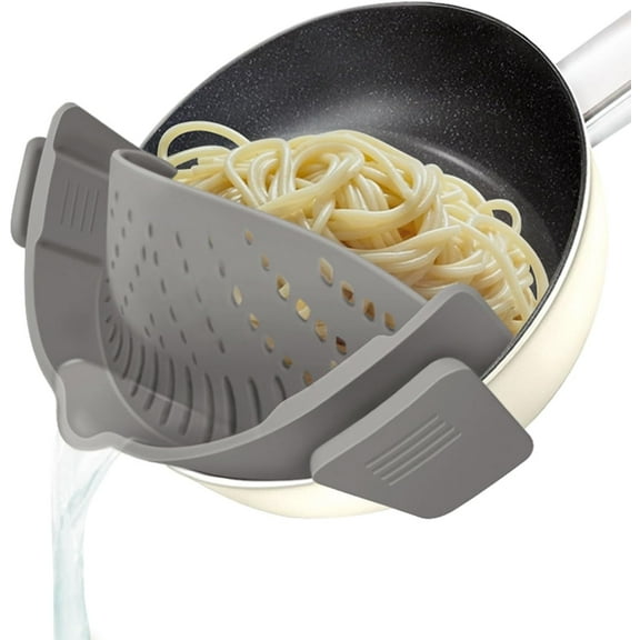 Silicone Pasta Strainer Kitchen Gadgets,Clip on Strainer for All Pots Pan,Collapsible Colander for Noodle,Vegetables,Fruit,Spaghetti (Grey)