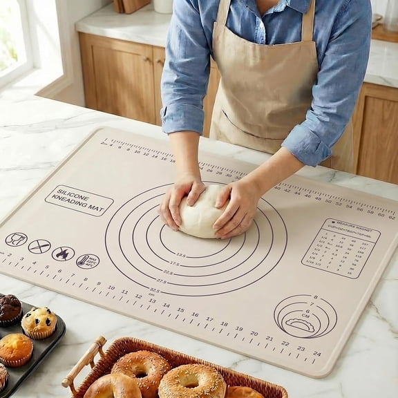 Silicone Pastry Mat 28" x 20" Extra Thick Baking with Measurements and Edge Heightening Non-stick Food Grade Dough Rolling Kneading Sheet for Pastry, Bread, Cookies (Beige)