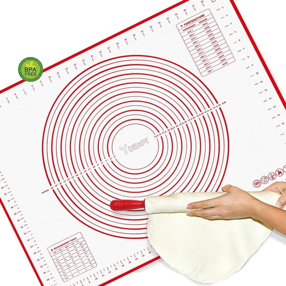 Silicone Pastry Mat - Ydeapi Non-Stick Baking Mat Fondant Mat with Measurement, Non-Slip Rolling Mat, Perfect for Rolling Dough, Cookie & Baking (23.6" x 15.7", Red)