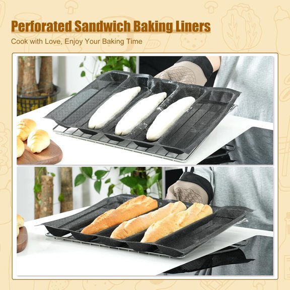 Silicone Perforated Baguette Pan 2 Pack, Nonstick French Bread Baking Forms for 5 Loaf Sandwich Rolls, Heat Resistant Oven Mesh Liners for Commercial Bakeries and Home Bakers