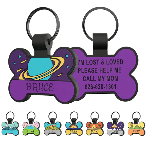 Silicone Pet ID Tag for Dogs – Quiet Bone-Shaped Dog Tag, Soft Flexible & Lightweight, Ideal for Daily Walks, Vet Visits & Pet Boarding, Purple , Customizable