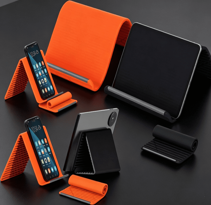 Silicone Phone Stand with Aluminum, Flexible Foldable Phone Holder, Bendable Adjustable Anti-Slip Desktop Stand for Phone Tablet Laptop, Portable Rollable Multi-Angle Stand for Home Black and Orange
