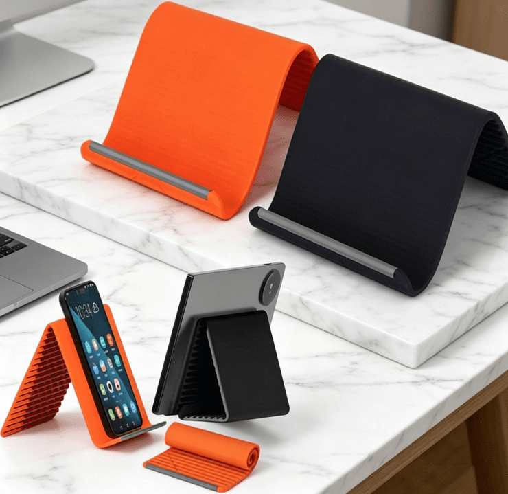 Silicone Phone Stand with Aluminum, Foldable Flexible Desktop Stand, Multi-Angle Adjustable Phone Holder for Tablet and Phone, Portable Non-Slip Mount for Streaming, Video Calls Black and Orange
