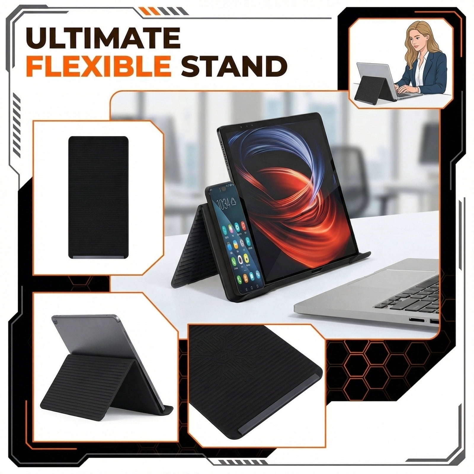 Silicone Phone Stand with Aluminum, Rollable Flexible Phone Holder, Adjustable Bendable Stand for Desk, Universal Tablet and Phone Mount, Portable Anti-Slip Support for Home Office Black