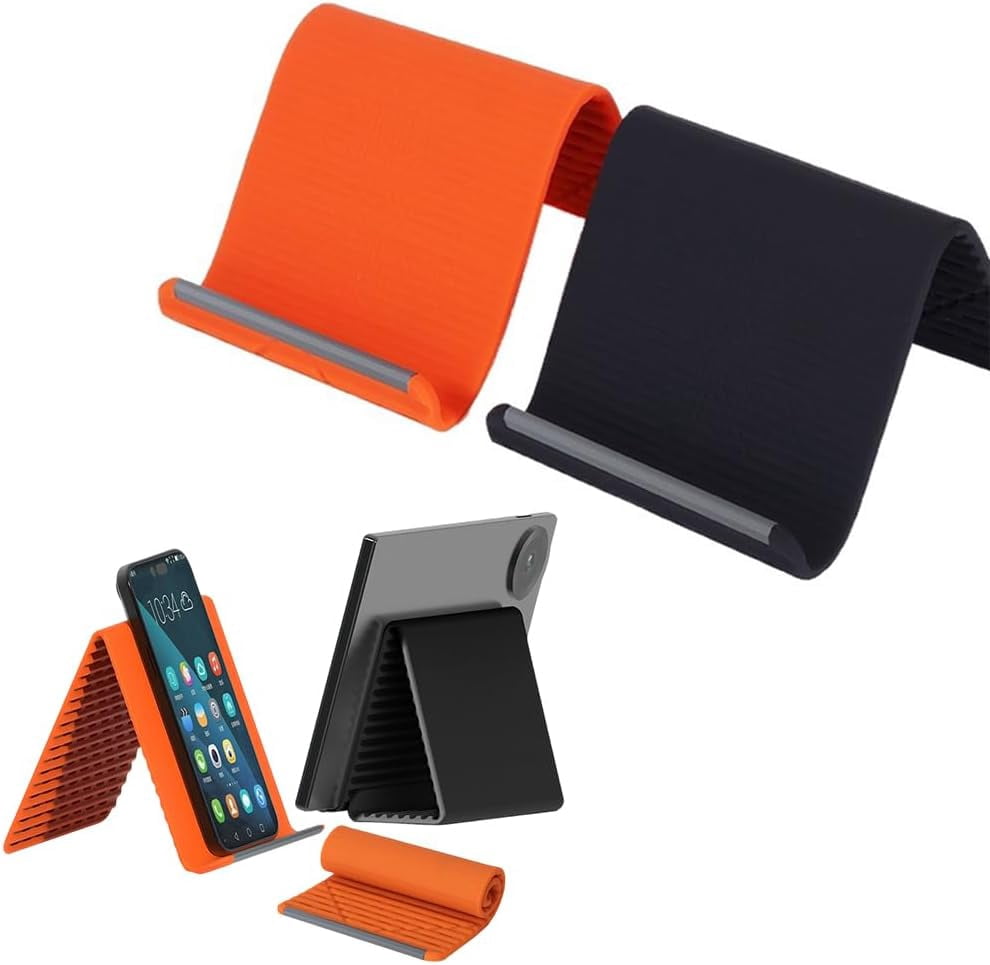 Silicone Phone Stand with Aluminum, Universal Rollable Phone Holder, Flexible Foldable Stand for Desk, Multi-Angle Adjustable Mount for Phone and Tablet, Portable Non-Slip Support Black and Orange