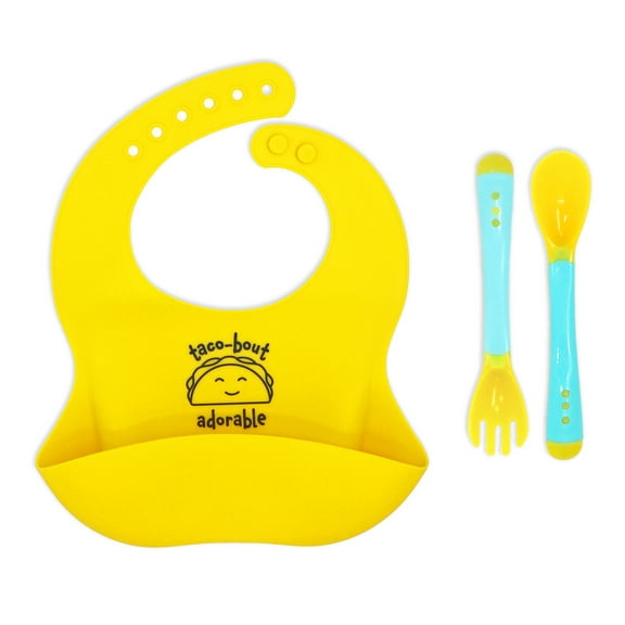 Silicone Pocket Bib for Baby with Matching Spoon and Fork, Yellow
