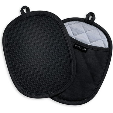 Silicone Pot Holders Sets: RORECAY Heat Resistant Oven Hot Pads with Pockets Non Slip Grip Large Potholders for Kitchen Baking Cooking | Quilted Liner | 9.8 x 7.6 Inches (Black, 2)